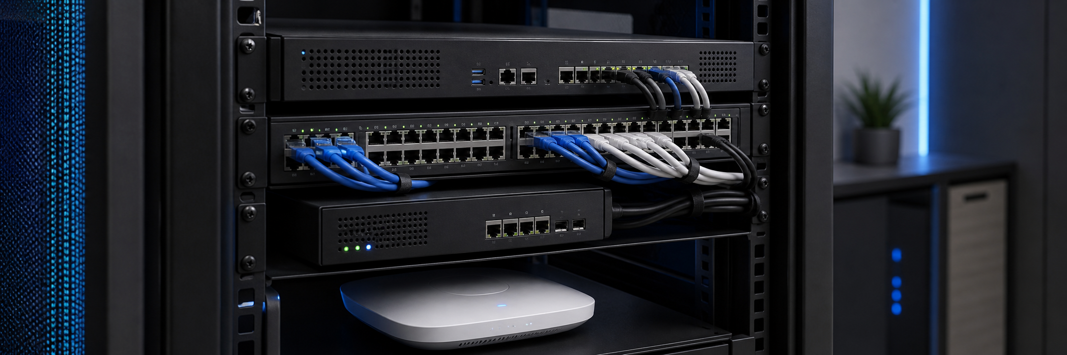 Firewall, switch administrable et point d’accès Wi-Fi installés dans une baie réseau sécurisée