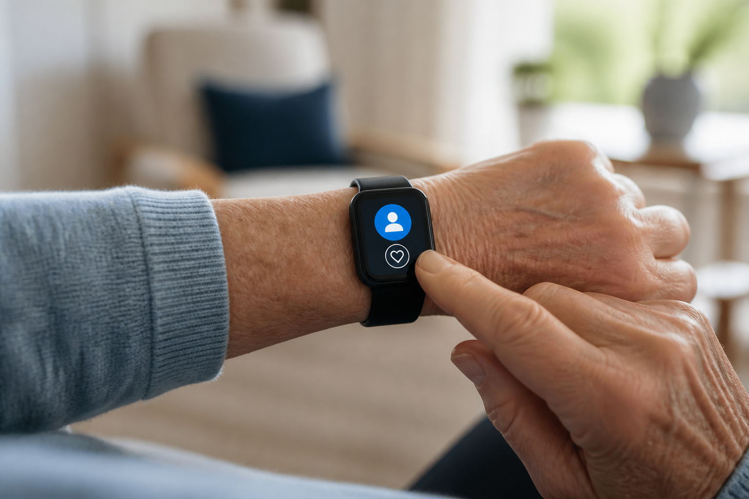 Montre connectée de téléassistance portée par une personne âgée