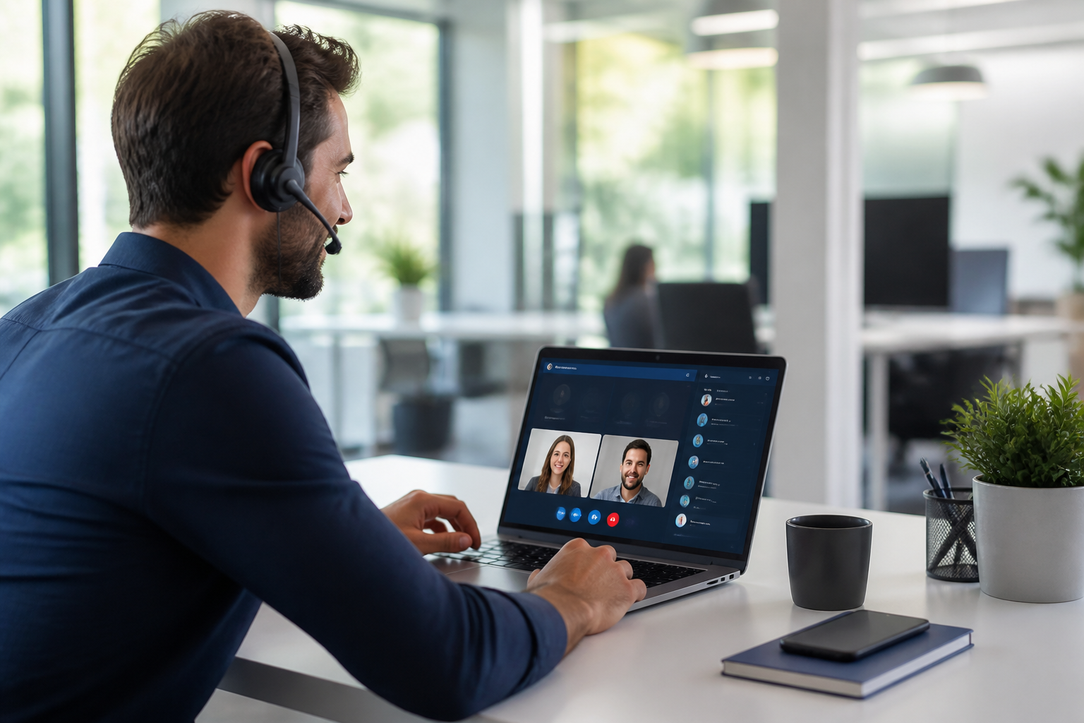Collaborateur utilisant un softphone sur ordinateur